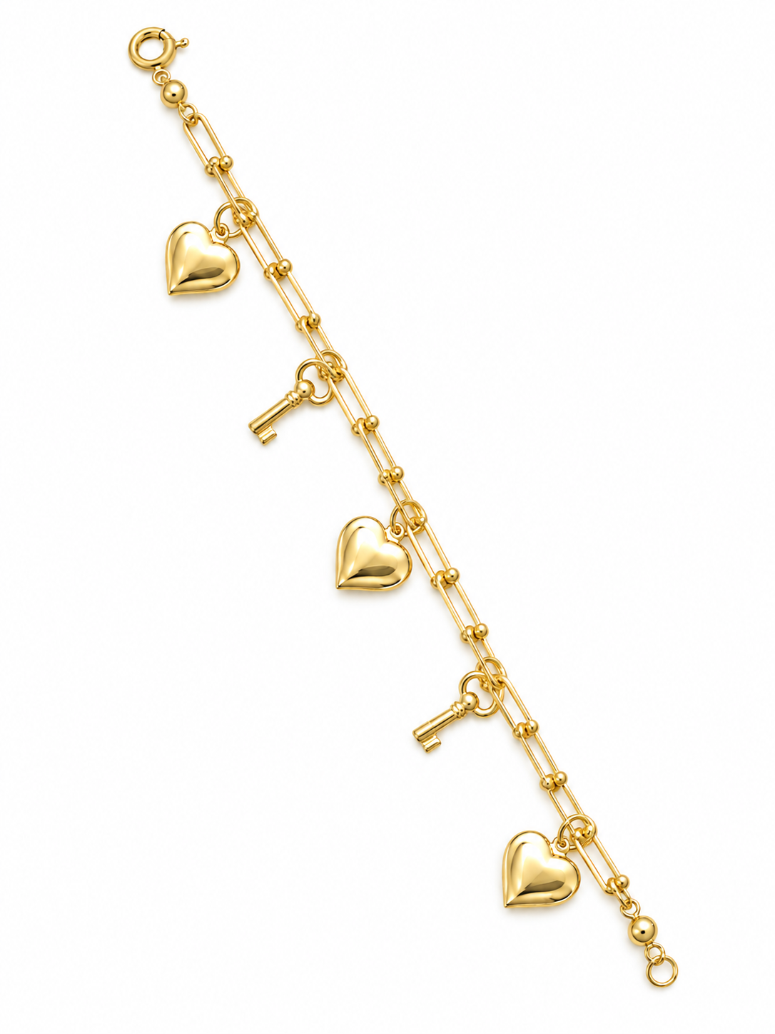 10K Yellow Gold Puffed Heart & Key Charm Bracelet