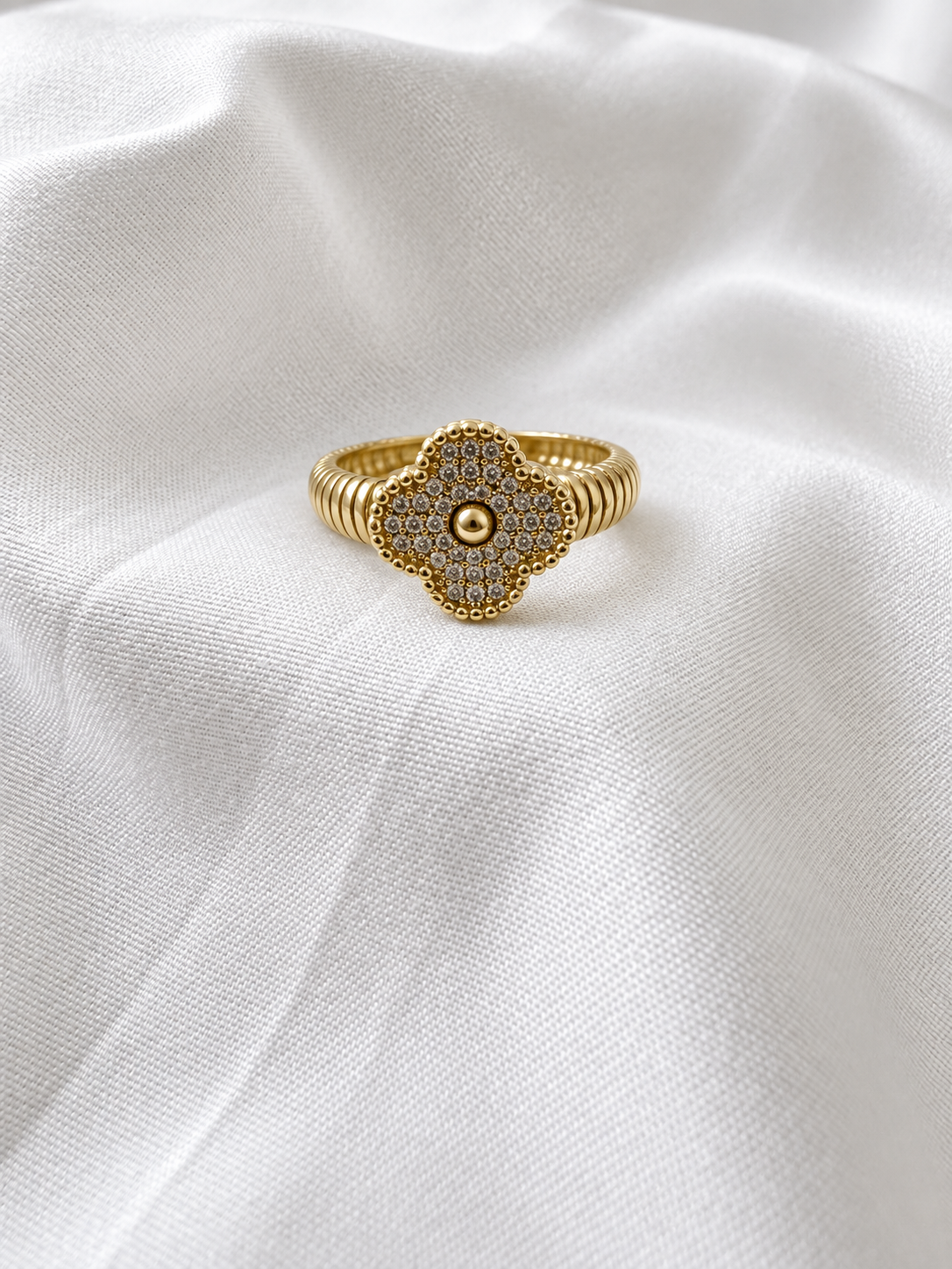 14K Yellow Gold Four-Leaf Clover CZ Ring