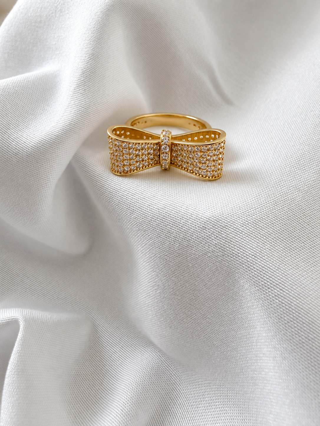 14K Yellow Gold White CZ Bow Ring