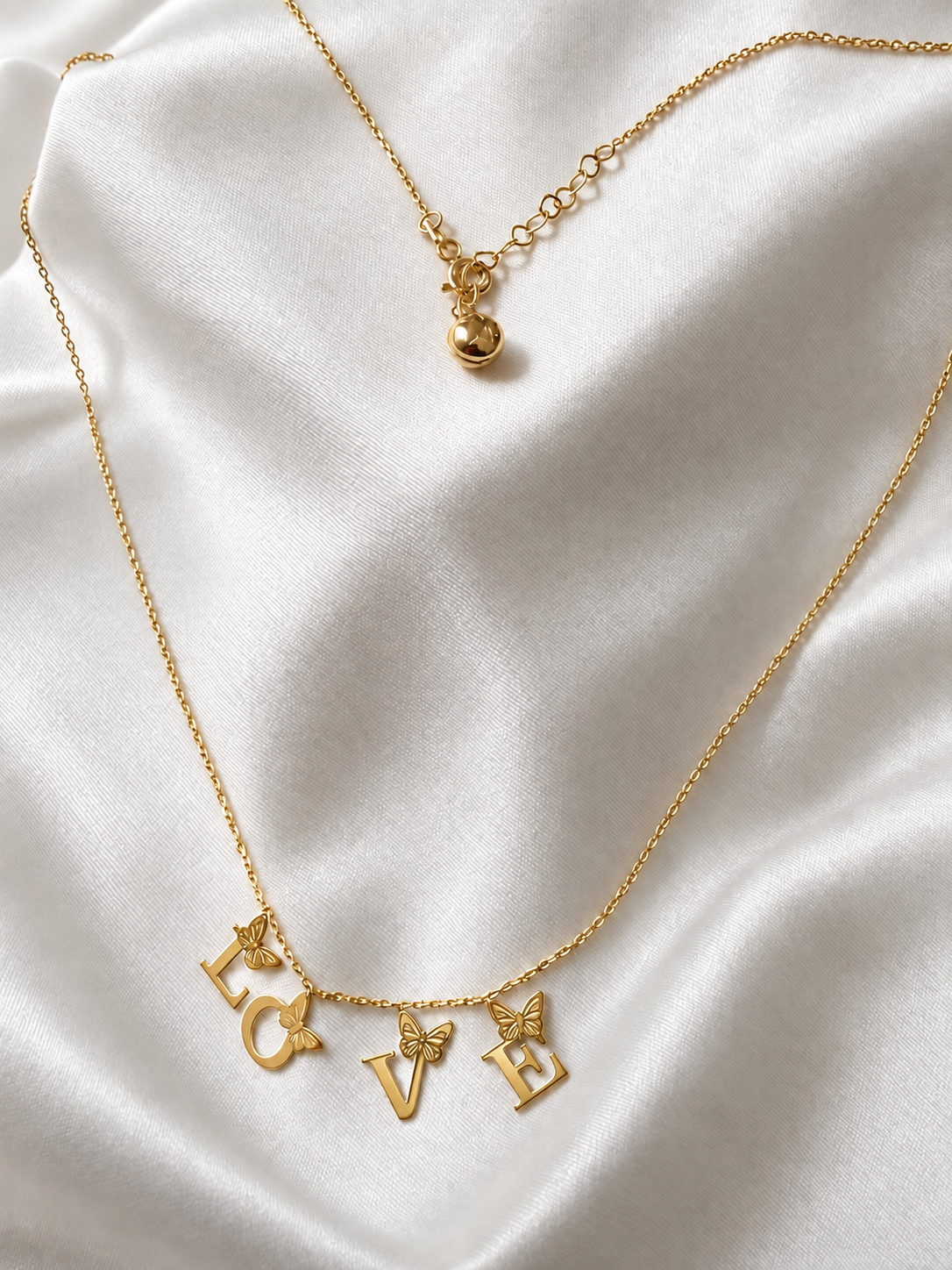 10K Yellow Gold LOVE & Butterfly Charm Necklace