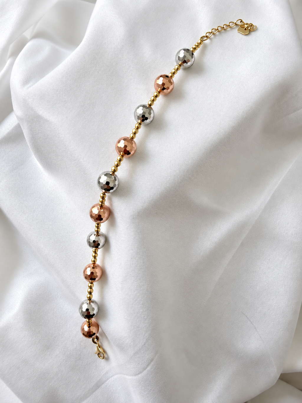 10K Tri-Color Diamond-Cut Bead Adjustable Bracelet
