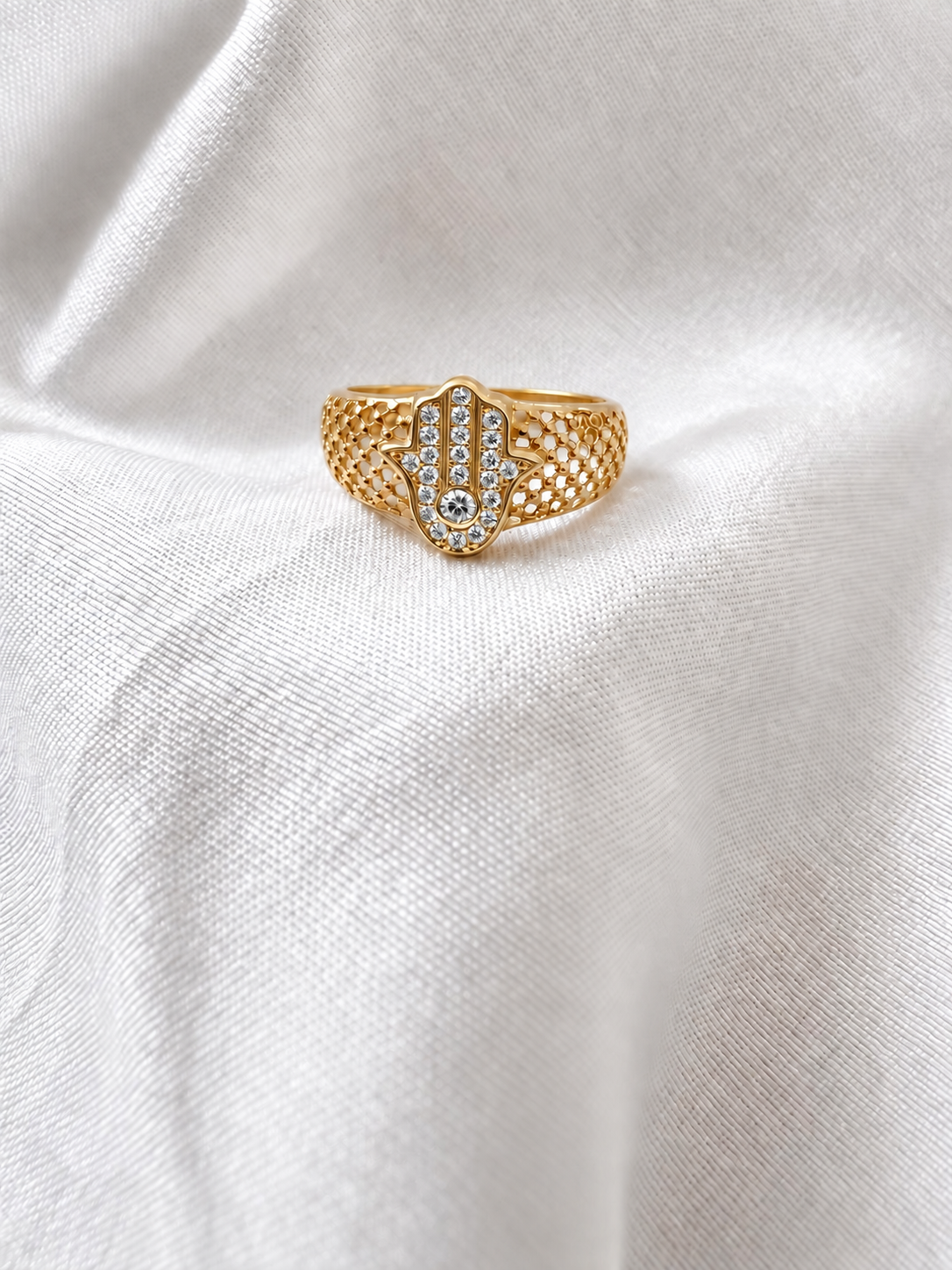14K Yellow Gold Hamsa CZ Ring