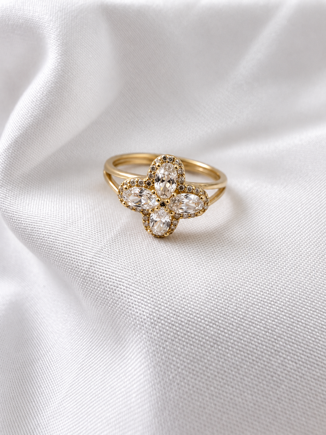 14K Yellow Gold White CZ Flower Ring