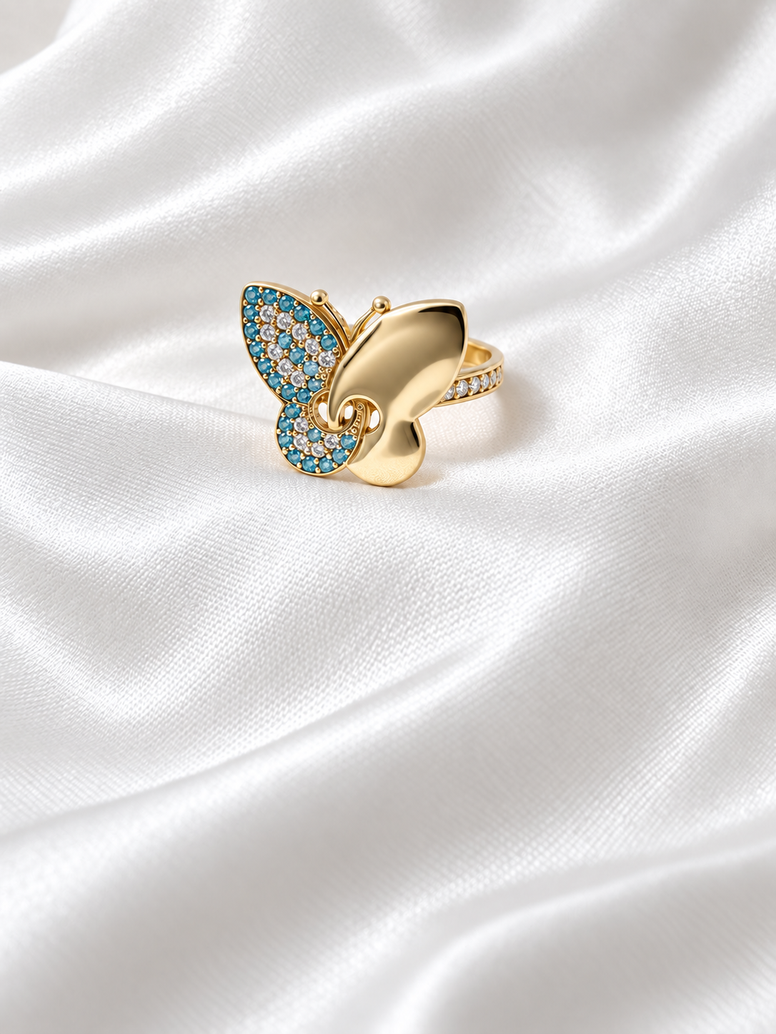 10K Yellow Gold Blue & White CZ Butterfly Ring